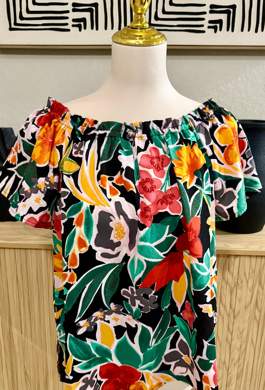 Black Floral Hawaiian Print Blouse
