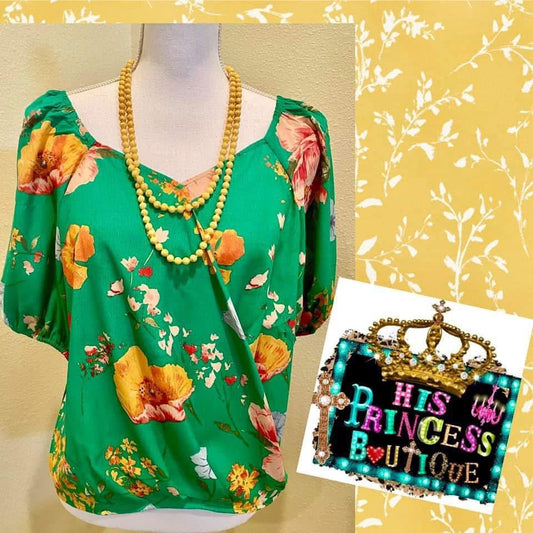 Green Floral Crossover Blouse