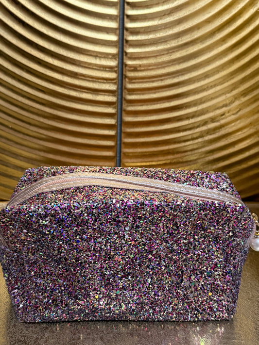 Rose Gold multi colored glitter cosmetic bag with faux accent pearl