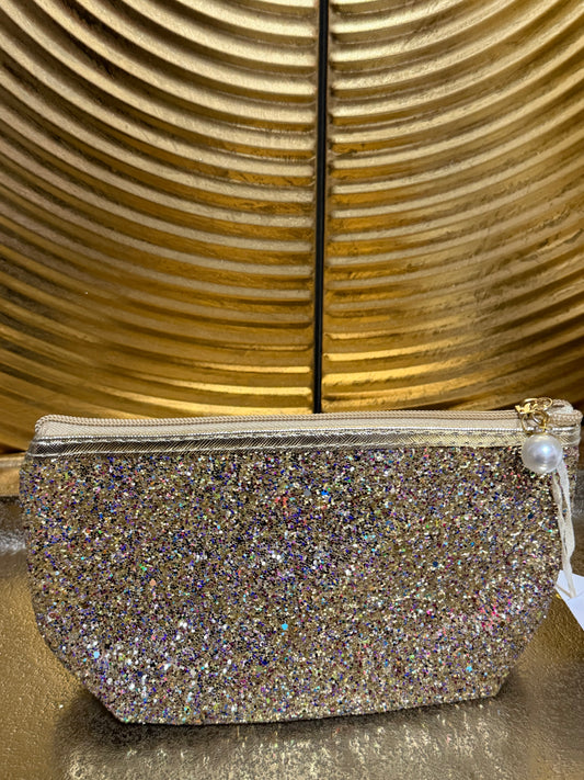 Gold glitter make up/cosmetic bag with faux pearl