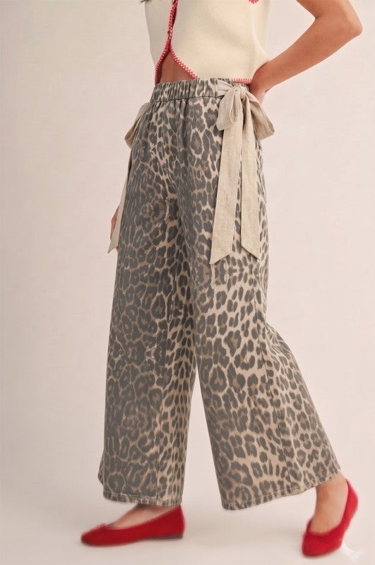Leopard print bow elastic waist pants