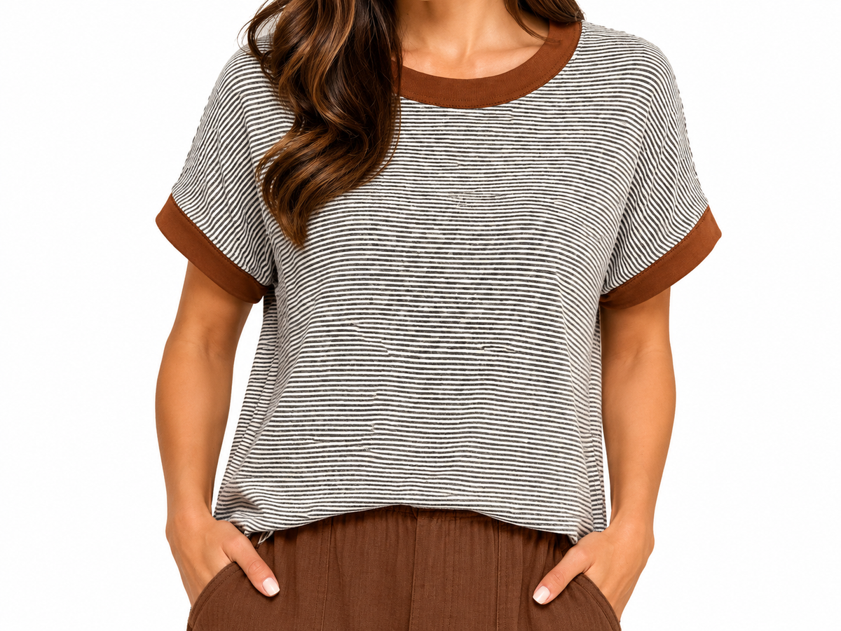 Striped top with brown accents on sleeves and neckline