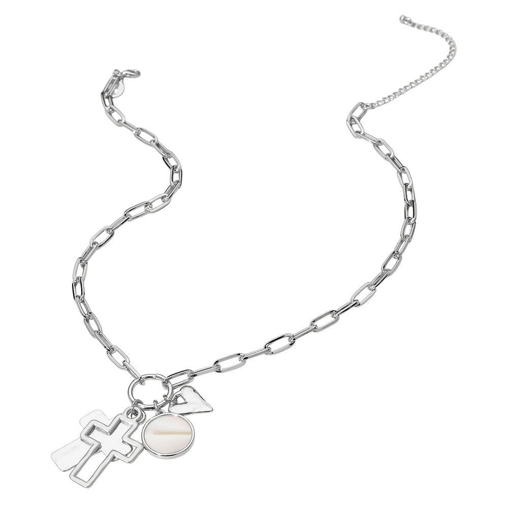 Cross Heart Faux Mother of Pearl Disc Charm Paperclip Chain Necklace