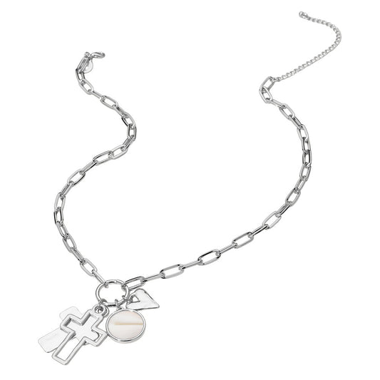 Cross Heart Faux Mother of Pearl Disc Charm Paperclip Chain Necklace