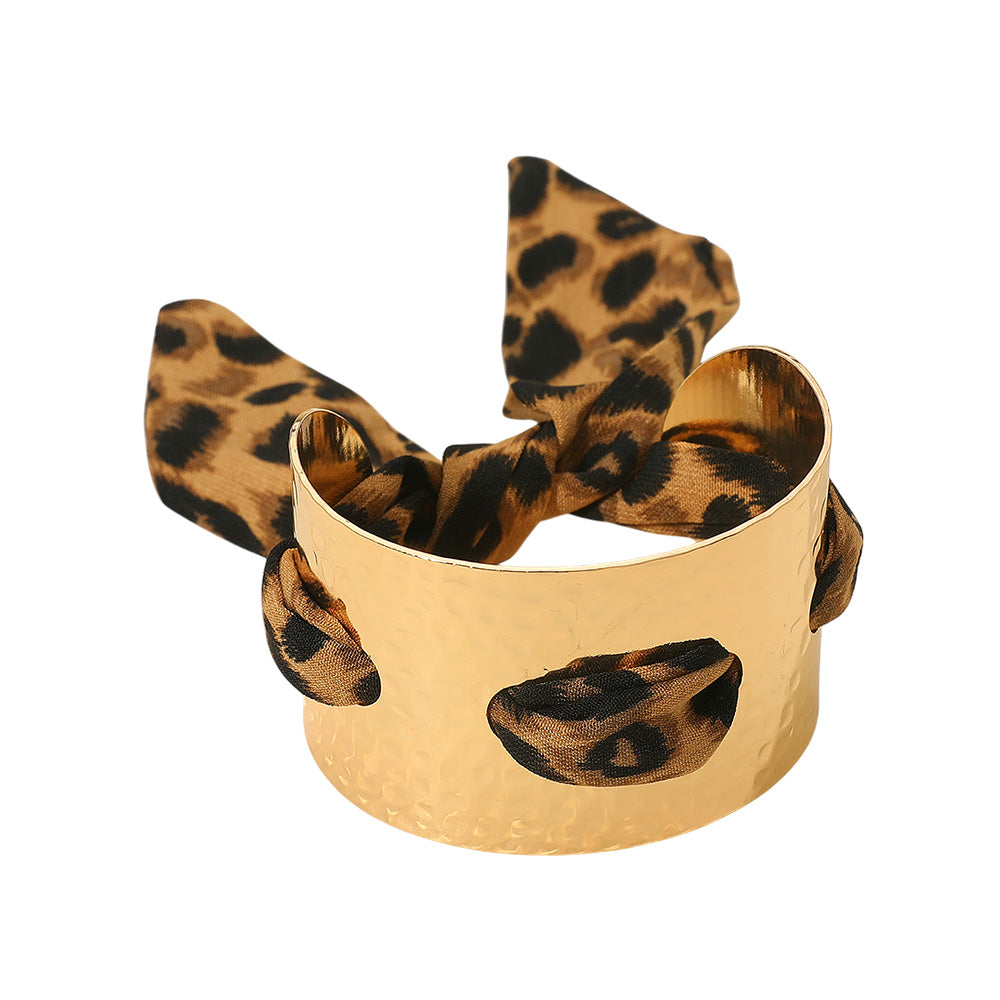 Leopard Print Fabric Scarf Wide Hammered Gold Metal Cuff Bracelet