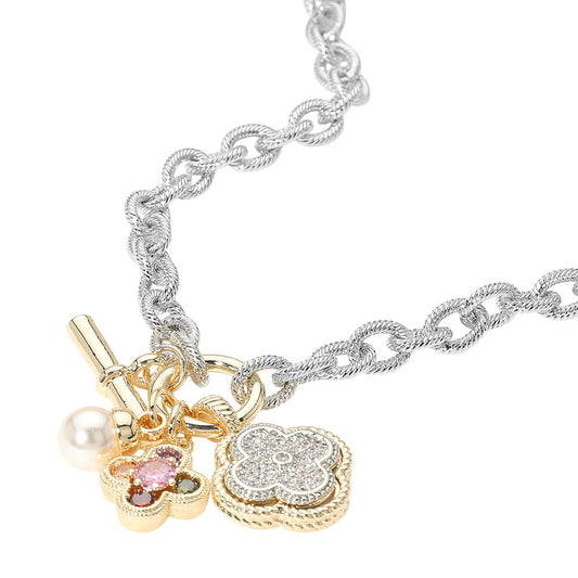 14K Gold Plated Two Tone CZ Faux Stone Paved Quatrefoil Pearl Charm Pendant Necklace