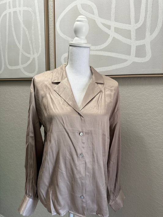 Satin Taupe Long Sleeve Button Up Blouse