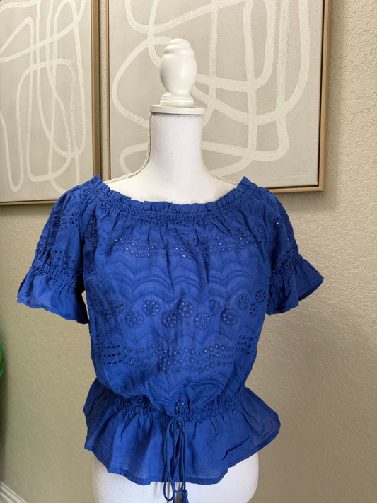 Short Sleeve Royal Blue Eyelet Blouse with Cinch Waist Option