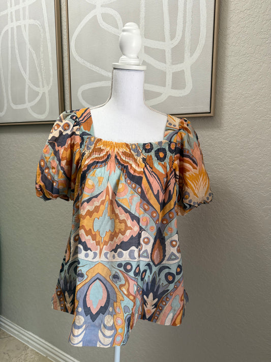 Umgee Neutral Colored Print Puff Sleeve Top