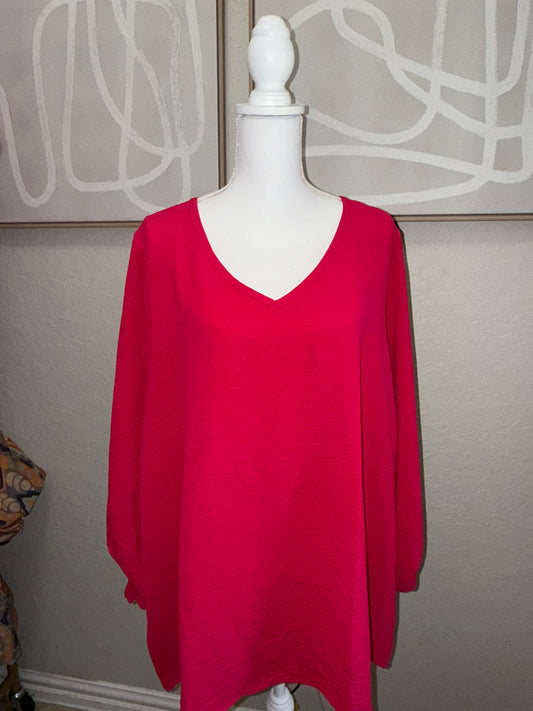 V Neck Hot Pink Curvy Blouse