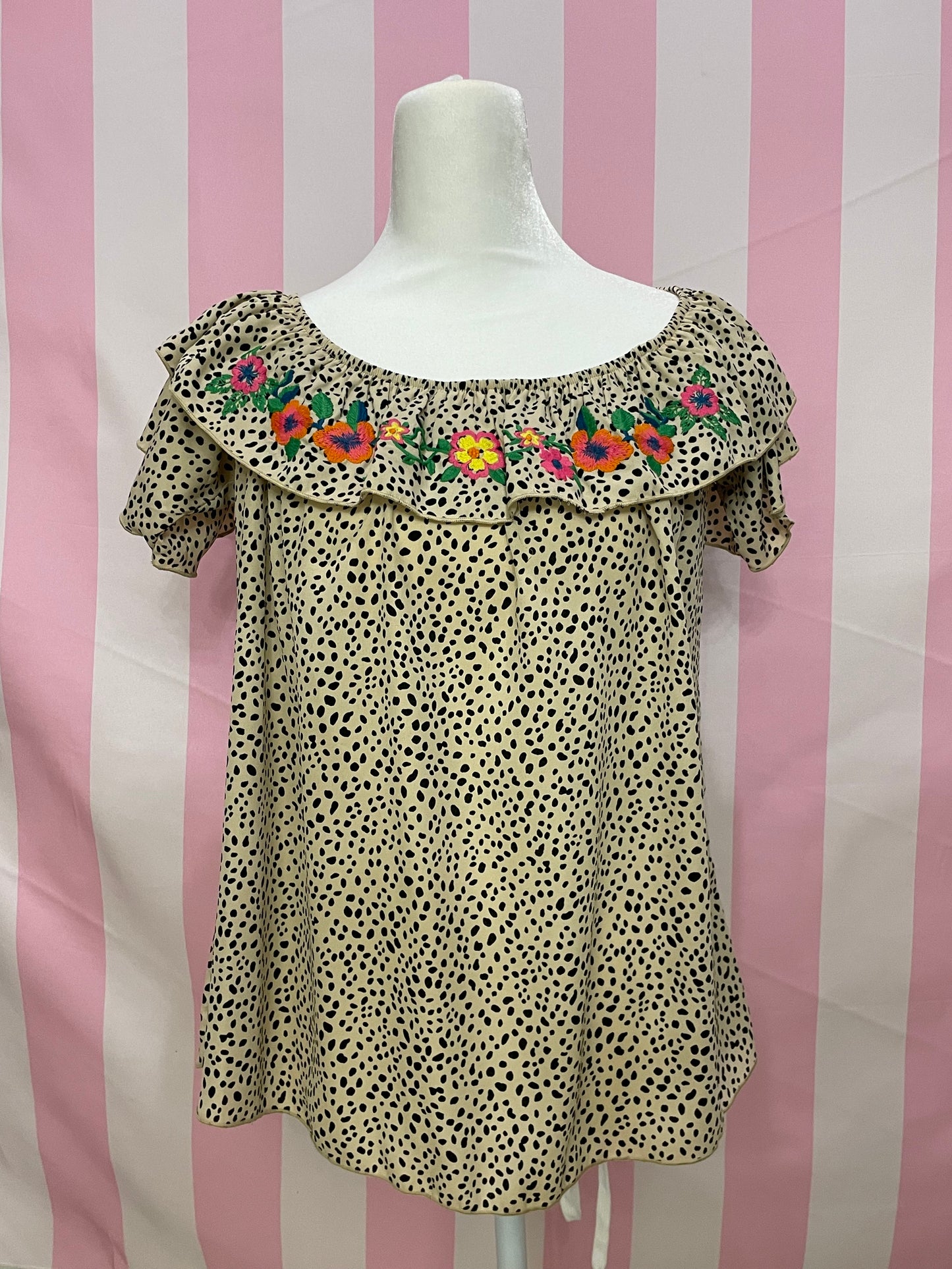 Scoop necked animal print blouse with floral embroidery
