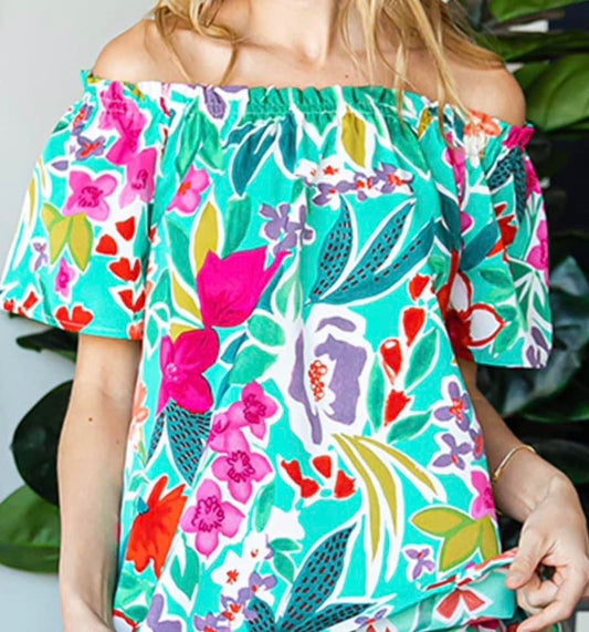 Turquoise Floral on or off shoulder blouse