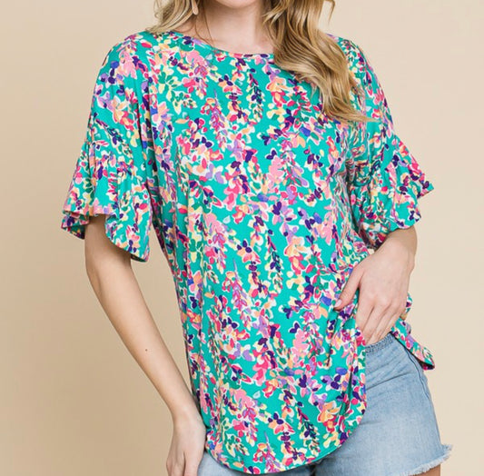 Jade Floral Blouse with cris cross back blouse