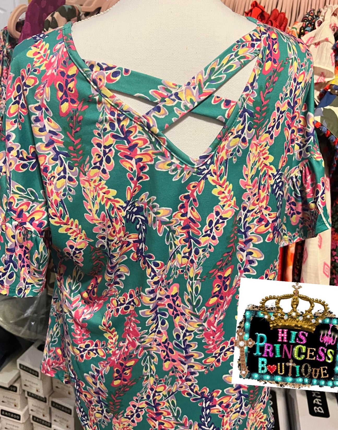 Jade Floral Blouse with cris cross back blouse