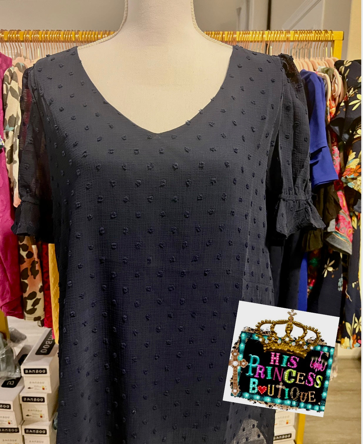 Navy Blue Swiss Dot Lined Blouse