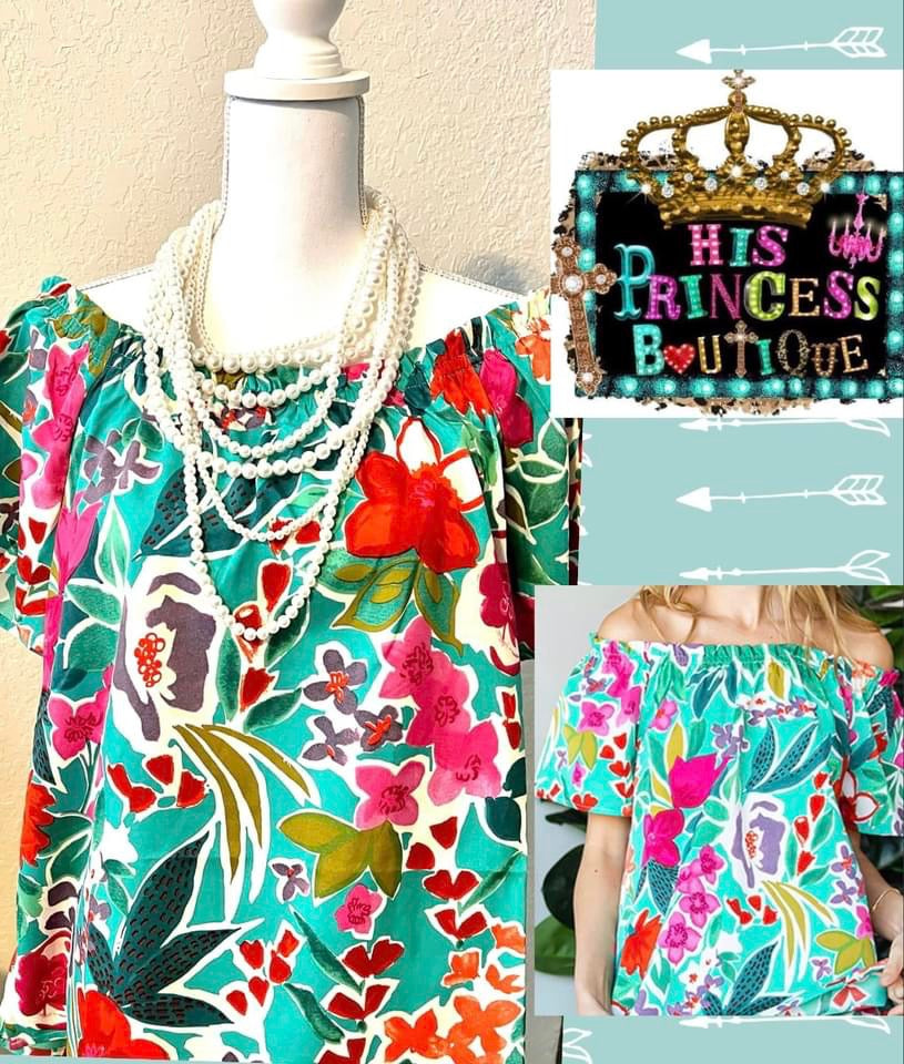 Turquoise Floral on or off shoulder blouse