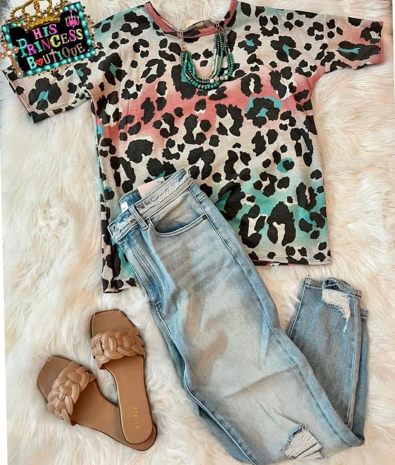 Leopard print pink blue top